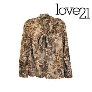 love21 Women's Bow Tie‎ Neck Long Sleeve Button Down Shirt Casual Office blouse